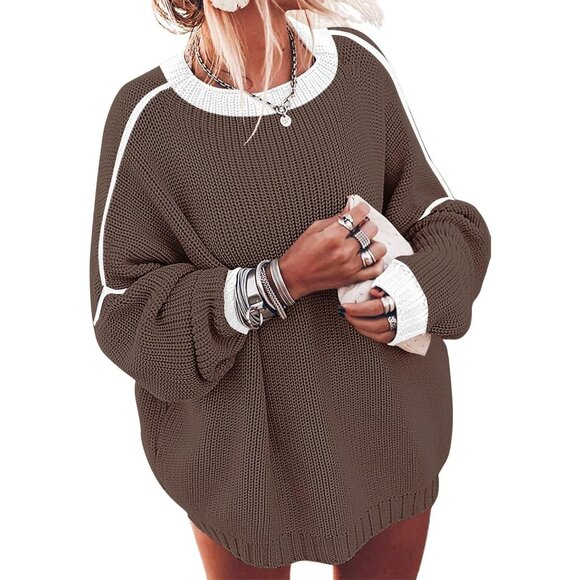 Women's Pure Coffee Oversized Winter Clothes Batwing Long Sleeve Knit Sweater